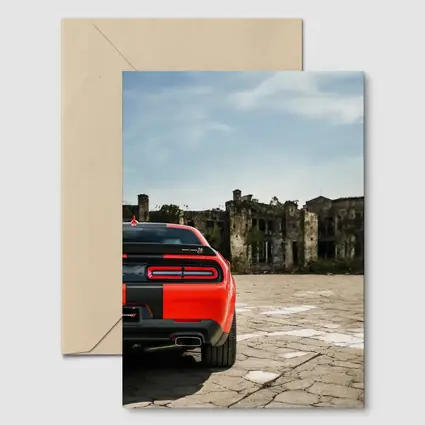 Dodge Challenger Red Rear Abandoned Building