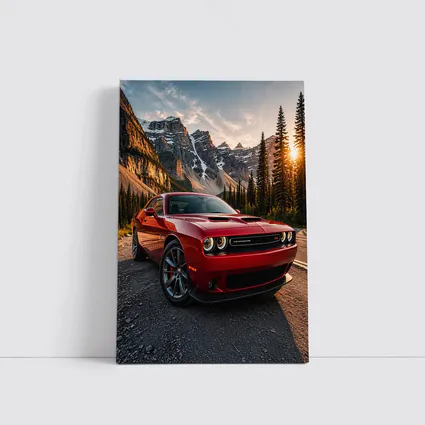 Red Dodge Challenger Parked Mountain Sunset