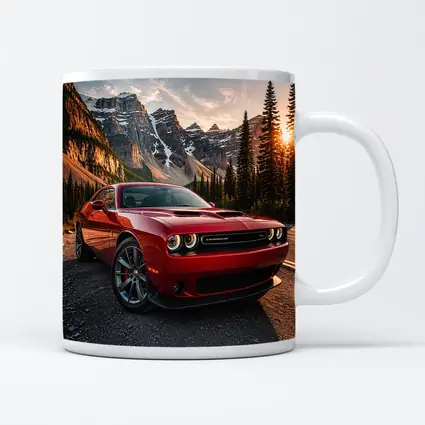 Red Dodge Challenger Parked Mountain Sunset