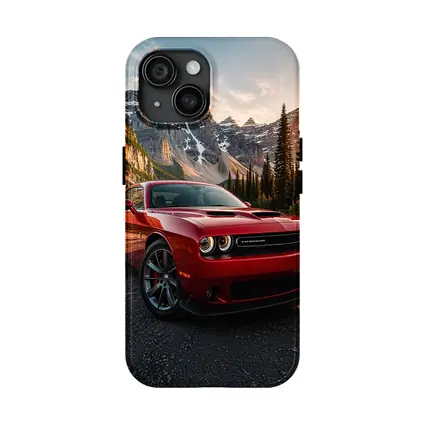 Red Dodge Challenger Parked Mountain Sunset