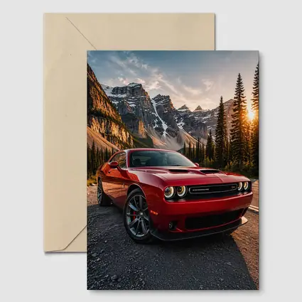 Red Dodge Challenger Parked Mountain Sunset