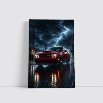 Dodge Challenger Red Muscle Car Stormy Night