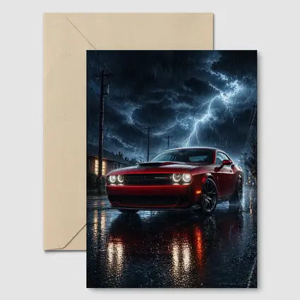 Dodge Challenger Red Muscle Car Stormy Night