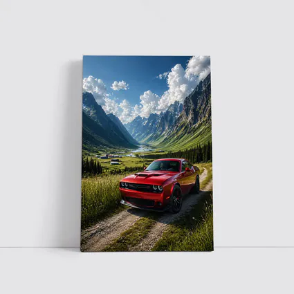 Red Dodge Challenger Parked In Mountain Valley