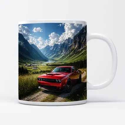 Red Dodge Challenger Parked In Mountain Valley