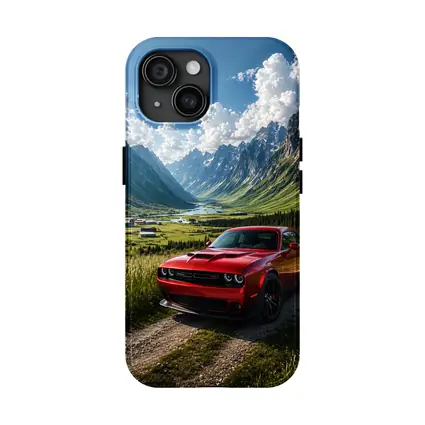 Red Dodge Challenger Parked In Mountain Valley