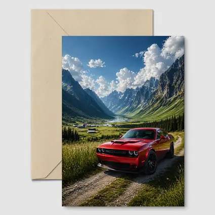 Red Dodge Challenger Parked In Mountain Valley
