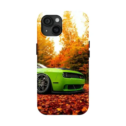 Dodge Challenger Green Muscle Car Autumn Leaves