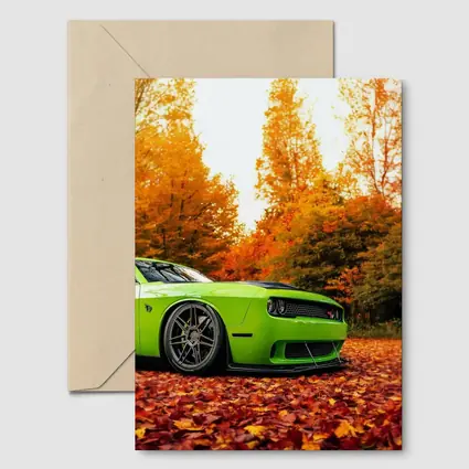 Dodge Challenger Green Muscle Car Autumn Leaves
