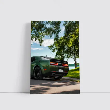 Dodge Challenger Green Parked Near Lake
