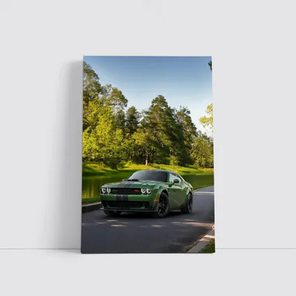 Dodge Challenger Green Muscle Car Park Setting