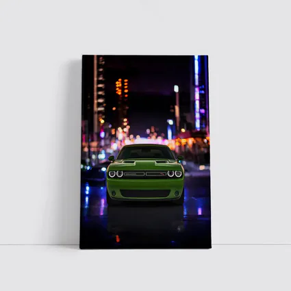 Dodge Challenger Green Front View Night City
