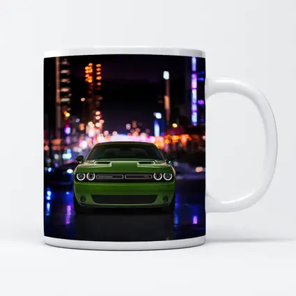 Dodge Challenger Green Front View Night City