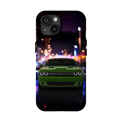 Dodge Challenger Green Front View Night City
