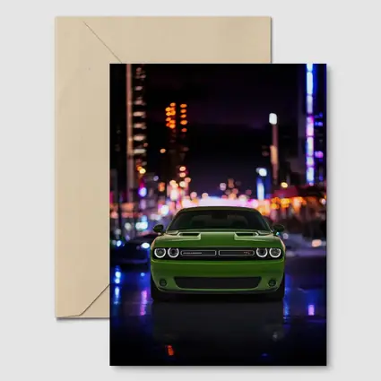 Dodge Challenger Green Front View Night City