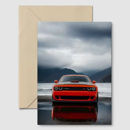 Dodge Challenger Red Stormy Beach Mountains