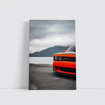 Dodge Challenger Orange Front Cloudy Mountain Shore