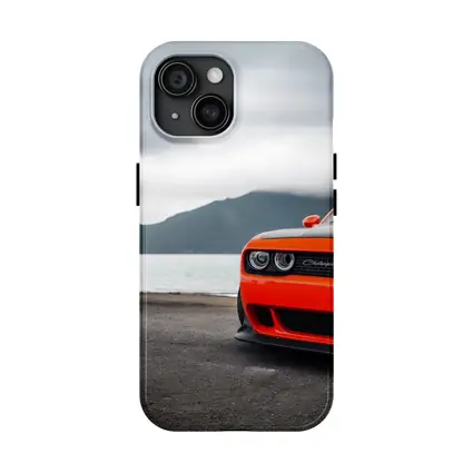 Dodge Challenger Orange Front Cloudy Mountain Shore