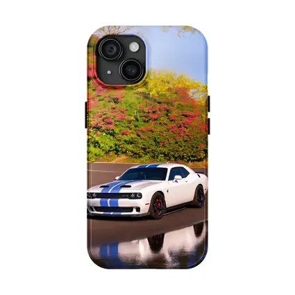 Dodge Challenger SRT White Blue Stripes Road