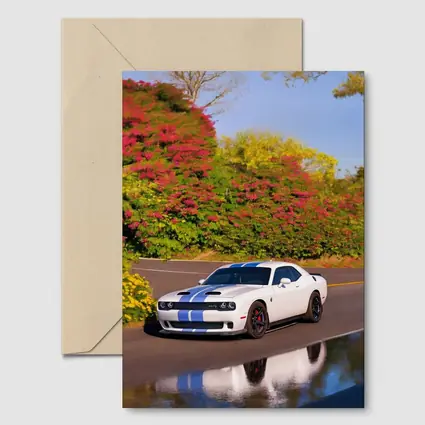 Dodge Challenger SRT White Blue Stripes Road