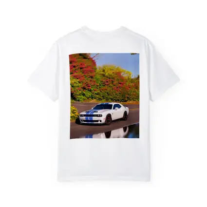Dodge Challenger SRT White Blue Stripes Road