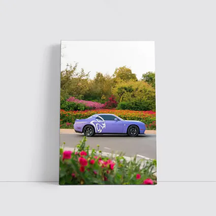 Purple Dodge Challenger Parked Near Flowers