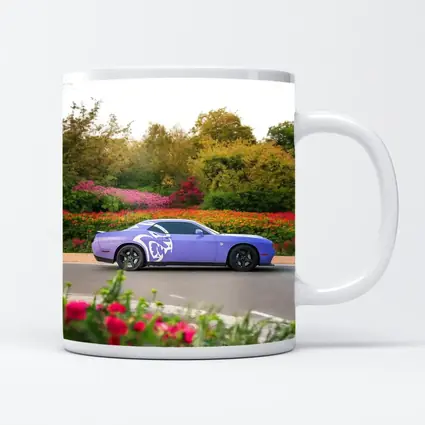 Purple Dodge Challenger Parked Near Flowers