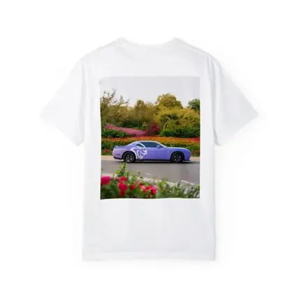 Purple Dodge Challenger Parked Near Flowers