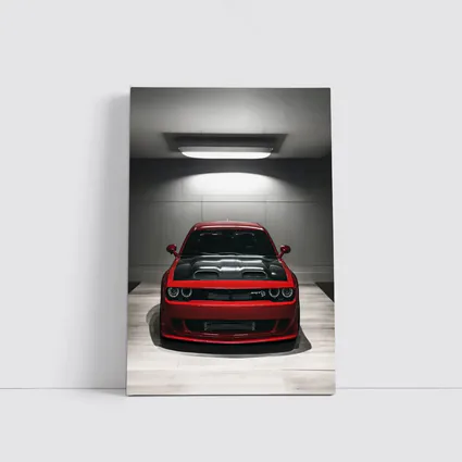 Red Dodge Challenger SRT Parked Indoor Garage
