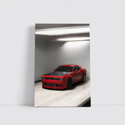 Red Dodge Challenger SRT Parked Indoor Garage