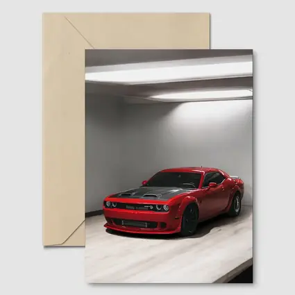 Red Dodge Challenger SRT Parked Indoor Garage