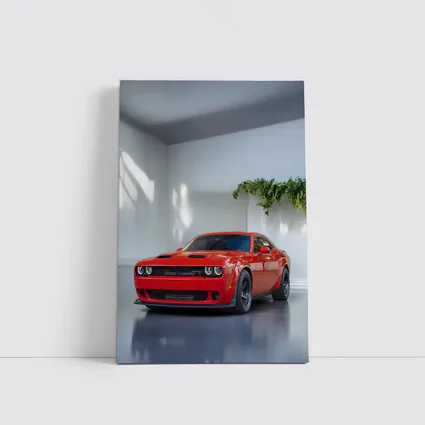 Red Dodge Challenger Parked In White Studio