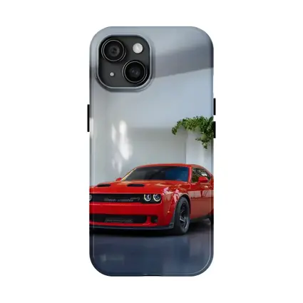 Red Dodge Challenger Parked In White Studio