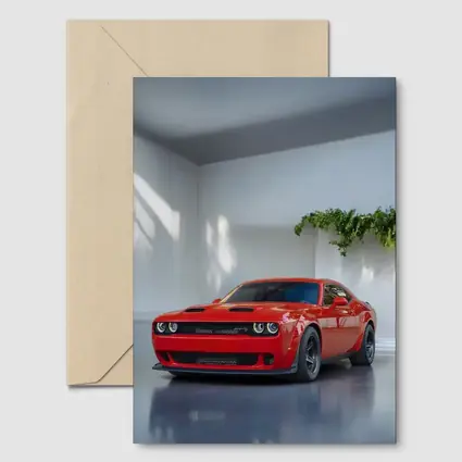 Red Dodge Challenger Parked In White Studio