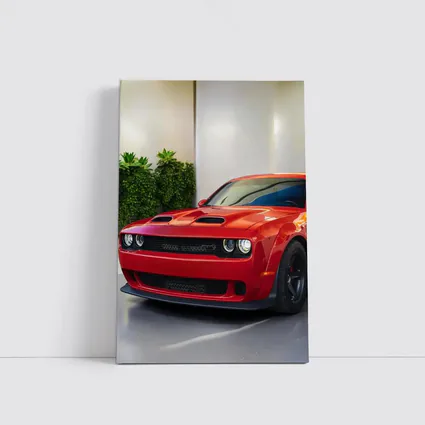 Red Dodge Challenger Parked Indoor Garage