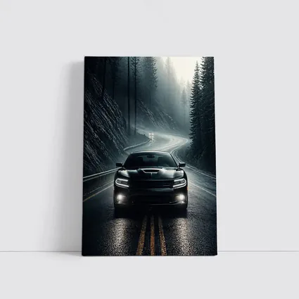 Dodge Charger on Dark Foggy Forest Road