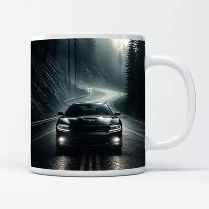 Dodge Charger on Dark Foggy Forest Road