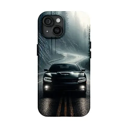 Dodge Charger on Dark Foggy Forest Road