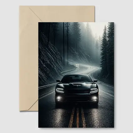 Dodge Charger on Dark Foggy Forest Road