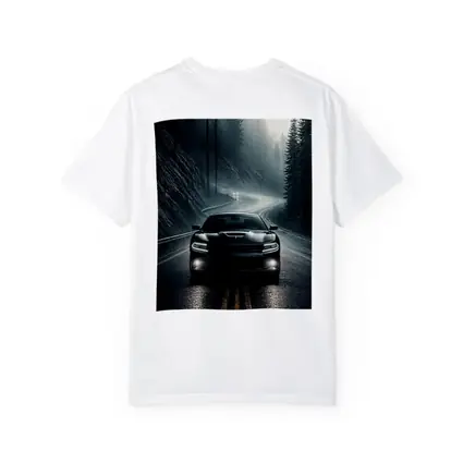 Dodge Charger on Dark Foggy Forest Road