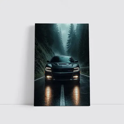 Dodge Charger Black On Rainy Forest Road