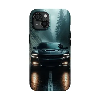 Dodge Charger Black On Rainy Forest Road