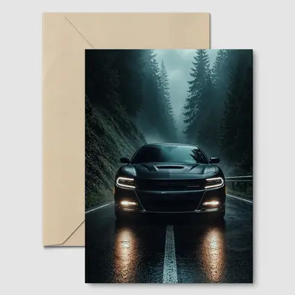 Dodge Charger Black On Rainy Forest Road