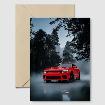 Dodge Charger Red Muscle Car Foggy Forest