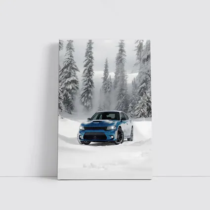 Dodge Charger Blue Muscle Car Snowy Forest