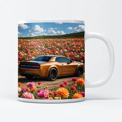 Dodge Challenger Hellcat Parked Among Colorful Flowers