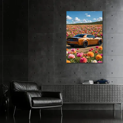 Dodge Challenger Hellcat Parked Among Colorful Flowers