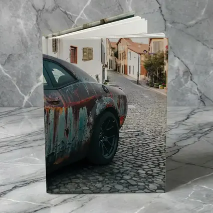 Rusty Dodge Challenger on Cobblestone Street