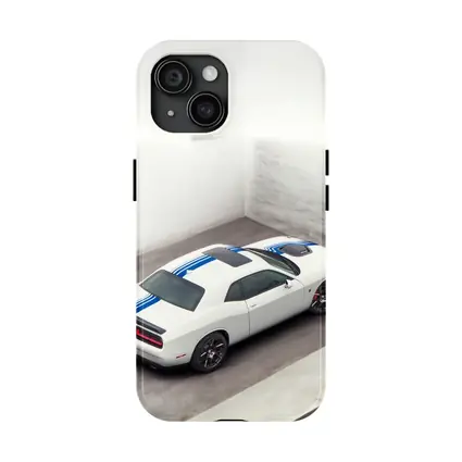 Dodge Challenger White Blue Stripes Garage