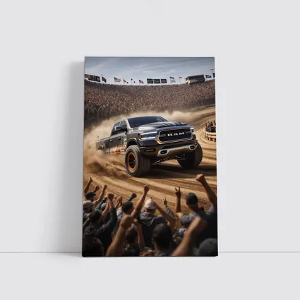 Ram Truck Tearing Through Dirt Race Arena